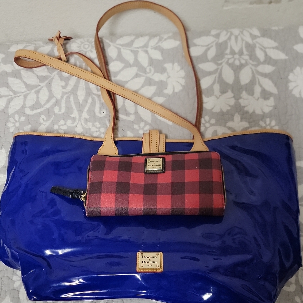 Dooney & Bourke Royal Blue Tote with Plaid Red Wallet